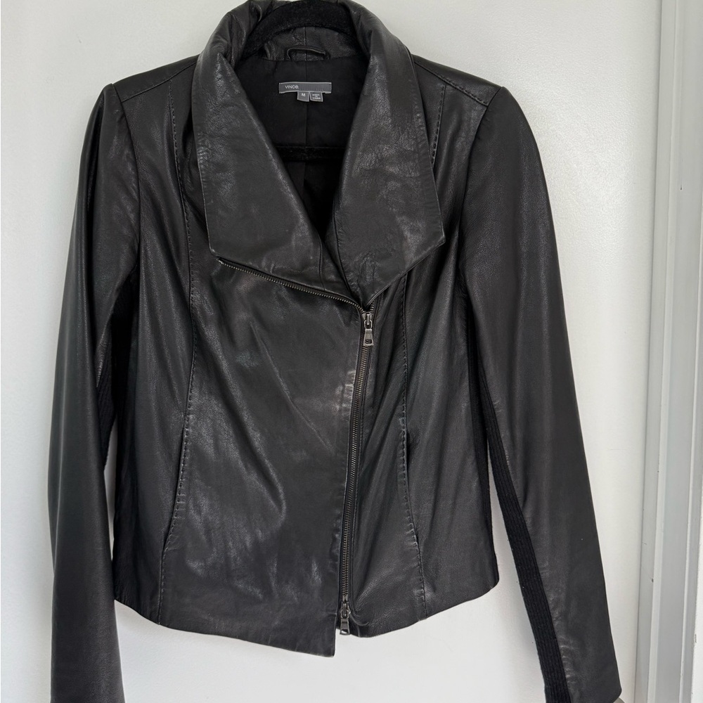 Vince Black Leather Moto Jacket Asymmetrical Design